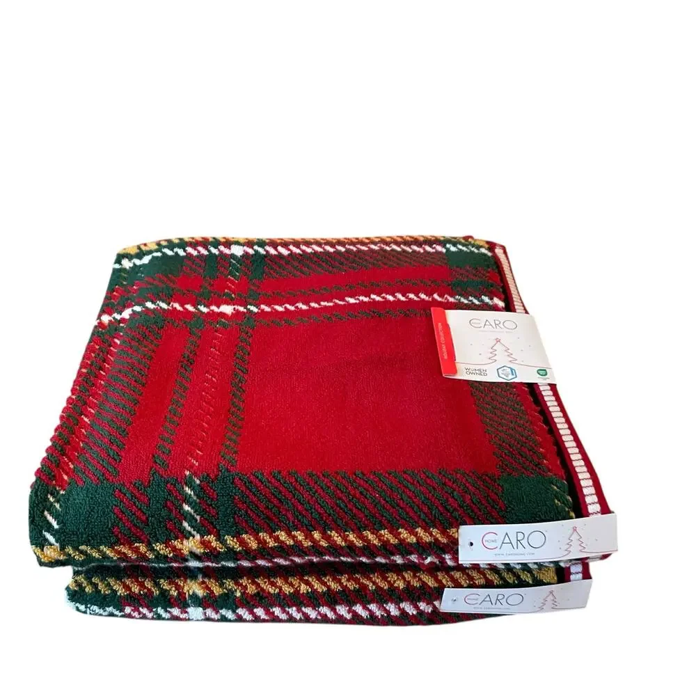 4pc Caro Home Holiday RED TARTAN Cotton 2 Bath 2 Hand Towel Set Christmas NEW